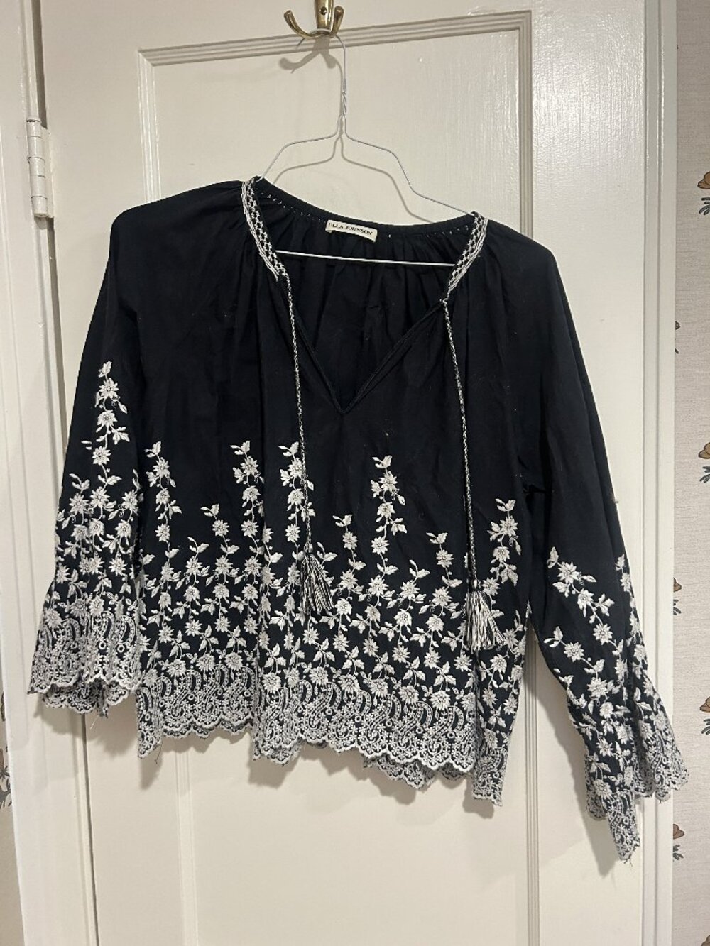 Ulla Johnson Black White Floral Embroidered Tassel Blouse Size 4